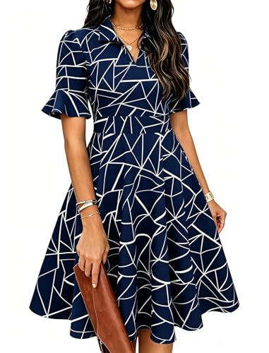 Image of Mokayee Womens Summer Ruffle Sleeve Collared V Neck Fit and Flare Elegant A line Swing Dresses with Pockets