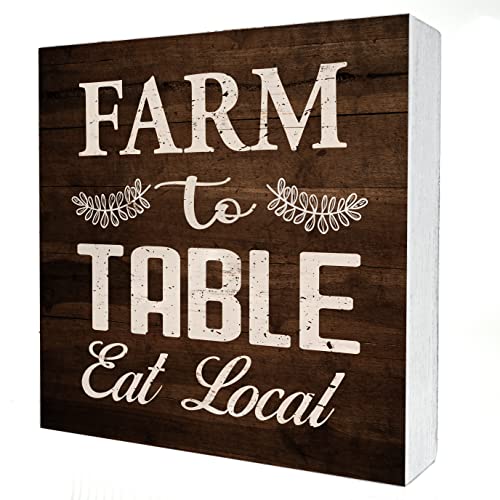 Funny Farmhouse Wooden Box Sign Desk Decor Vintage Farm to Table Eat Local Wood Block Plaque Box Signs Rustic Box Sign for Home Kitchen Shelf Table Decoration (5 X 5 Inch)