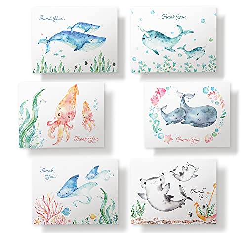 Image of Twigs Paper Baby Shower Thank You Cards, 12 Ocean Watercolor Note Cards