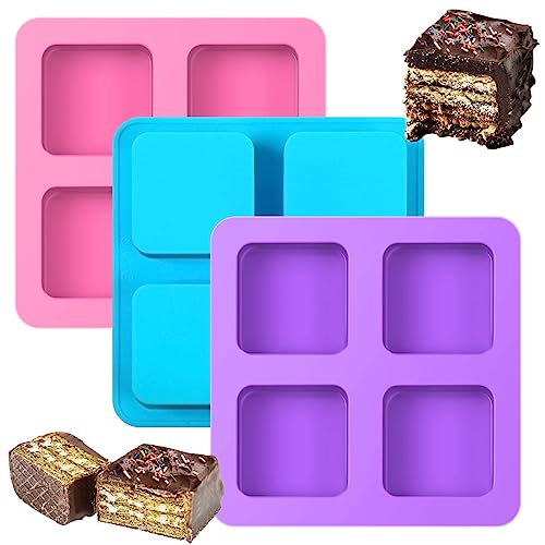 4 Cavity Chocolate Covered Cookie S'mores Molds, 3Pcs Silicone Square Molds Reusable Non Stick Silicone Trays for Smores, Chocolate, Graham Crackers, Candy, Marshmallow Making