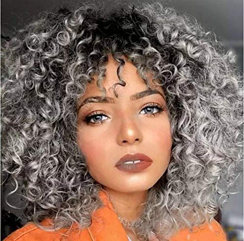 Curly Synthetic Wig with Bangs, Afro Kinky Full Machine Made 14 inch Shoulder Length High Temperature Heat Resistant Hair None Lace Full Wig for Women