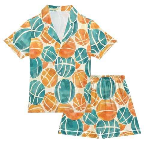 ALAZA Basketball Blue Yellow Satin Pajamas Set Short Sleeve Button Down Sleepwear Summer Pjs 2 Piece