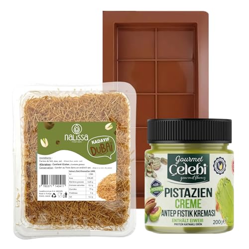 Kit Tableta Chocolate Dubai - Molde de silicona libre de BPA + 200 g Kadaif crujiente para el pelo de ángel + 200 g crema de pistacho gourmande, fácil de hacer en casa | Pastelería Oriental