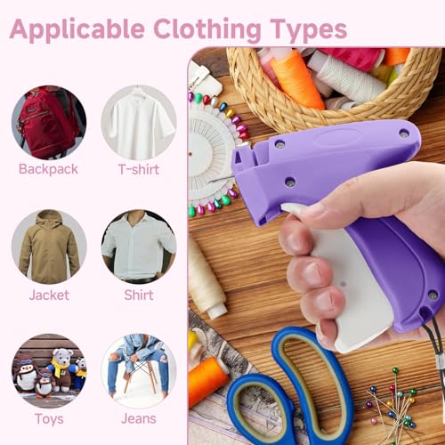 Wefaly Stitchy Quick Clothing Fixer, Stitch Gun Schnelles Fixiergerät für Kleidung Mini-Stichsäumpistole Etikettierpistole mit 5 Nadeln 1000 Plastiknadel für Rock Hemd Jeans (Lila)