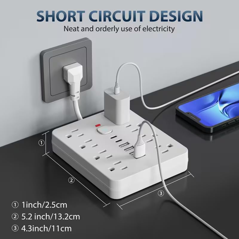 Multitoma con protección contra sobretensiones - 8 tomas con 6 puertos USB (2 USB C), cable de extensión de 9.8 pulgadas, montable en pared para oficina, estudio, hogar y escuela - Enchufe US miniatura 2