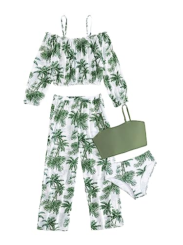 WDIRARA Girl's 4 Piece Swimsuit Tropical Print Bikini Swimsuit with Cold Shoulder Cover Up Set