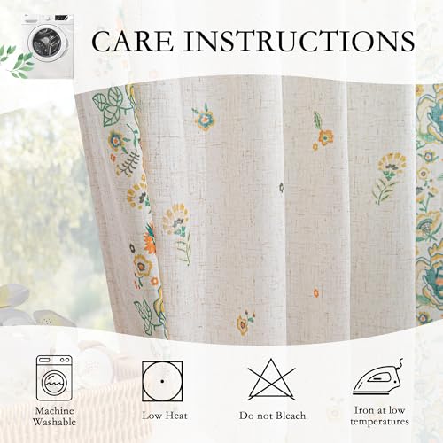 Image of MYSKY HOME Boho Floral Curtains 63 inch Linen Blend for Bedroom Kitchen Bohemian Style Farmhouse Flower Patterned Home Decor Light Filtering Back Tab Drapes, 50x63 Inch, Yellow and Blue, 2 Pcs