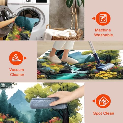 Tapis salon lavable 150x210 cm vert sauge paysage fantastique poil ras