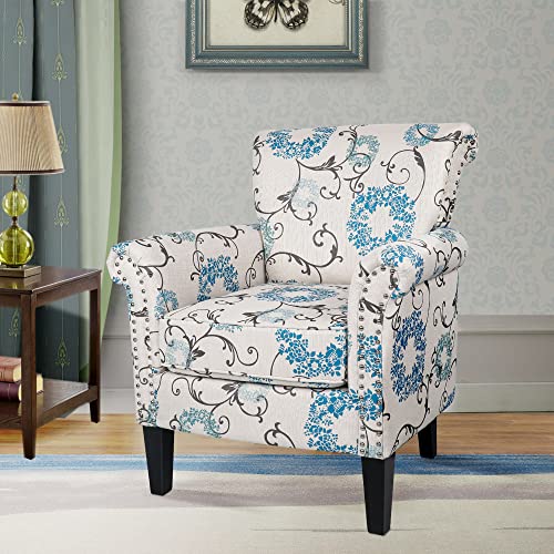 Qhitty Modern Accent Chair With Wood Legs And Thick Cushion, Mid Century Upholstered Accent Armchair High Back Rest And Armrest, Leisure Single Sofa Chair For Bedroom/Home Office/Study (Blue Wreath) #TOP7