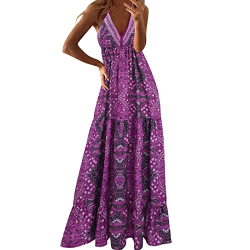 riou Vestidos de Verano Mujer 2024 Largos Casuales sin Mangas con Tirantes Boho Vestidos Verano Cuello Redondo Vestidos Impresión Suave y Transpirable Boho Fiesta Vestido Midi Talla Grande