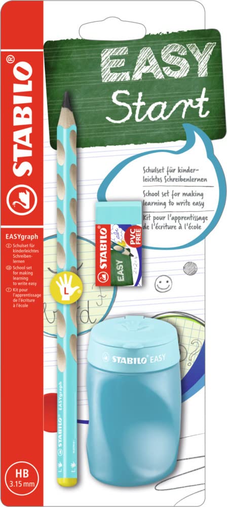 Lápiz ergonómico STABILO EASYgraph - Set escolar con 1 unidades + 1 sacapuntas + 1 goma de borrar - Color azul - Para zudos
