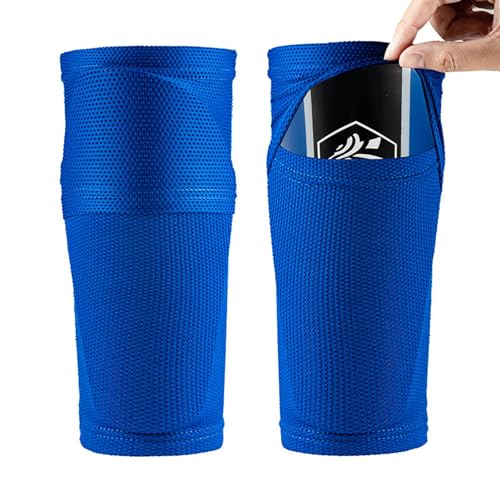 Rotyroya Sports Supplies - 1 par de espinilleras de fútbol con mangas elásticas, sin costuras, antideslizantes, de alta resistencia, resistentes a los impactos, color azul, talla M
