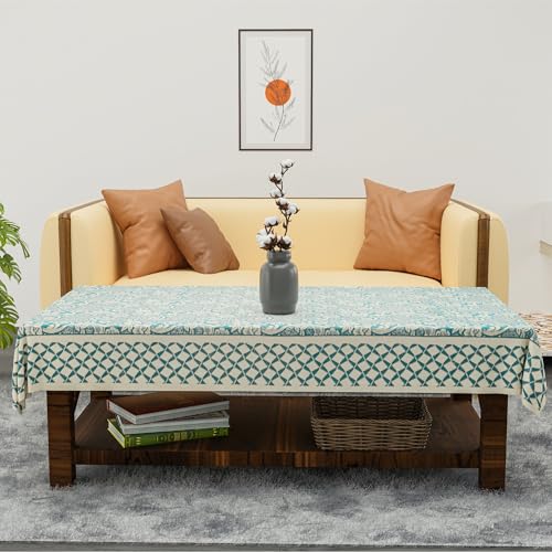 Image of Kuber Industries 40x60 Inch Net Cotton Center Table Cover Cloth | 4 Seater Centre Coffee and Teapoy Cover for Living Room | Aqua Rose 1893 Bright - Cream
