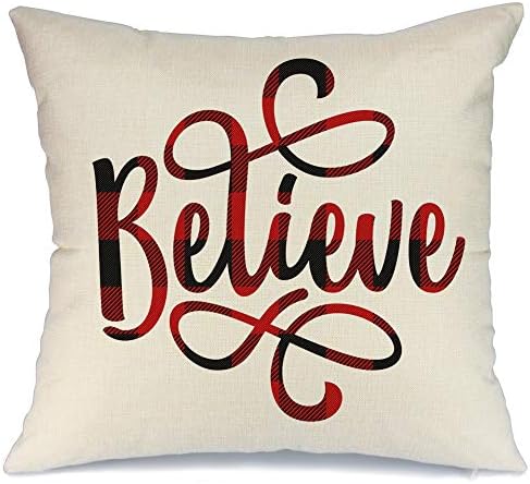 AENEY Farmhouse Christmas Plaid Pillow Cover 18x18 inch for Christmas Decor Believe Black and Red Buffalo Check Throw Pillow Buffalo Plaid Christmas Decorations Throw Pillow Cover