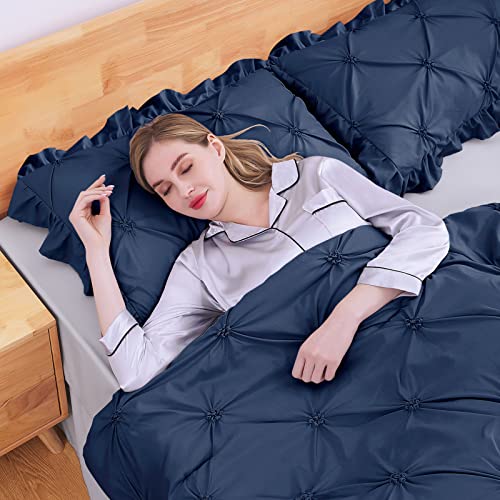 JOLLYVOGUE Navy Blue/Gray Cal King Size Comforter Sets 7 Pieces, Pintuck Bed in a Bag Comforter Set for Bedroom, Bedding Comforter Sets with Comforter, Sheets,Ruffled Shams & Pillowcases