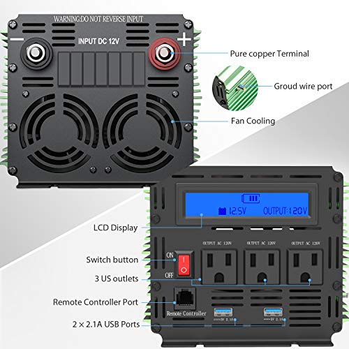 Edecoa 2000W Power Inverter 12V DC to 110V AC Power Converter with Remote Controller with USB