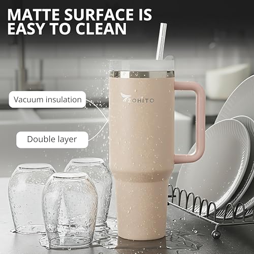 Image of 30 oz Tumbler with Handle and Straw, Vacuum Insulated Stainless Steel Travel Mug, Leakproof Large Cup Keeps Drinks Cold for Hours, Fits Car Cup Holder, Beige