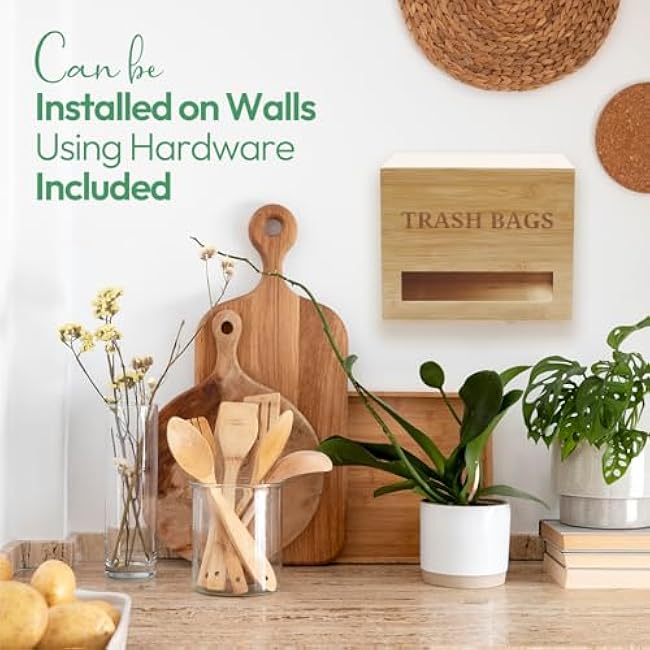 Largest Club Size Trash Bag Holder 10x8.25- Dispenser Holds 200 Bags & Regular Size Rolls, Convenient Design, Countertop or Wall-Mounted, Sturdy Bamboo, Easy to Clean