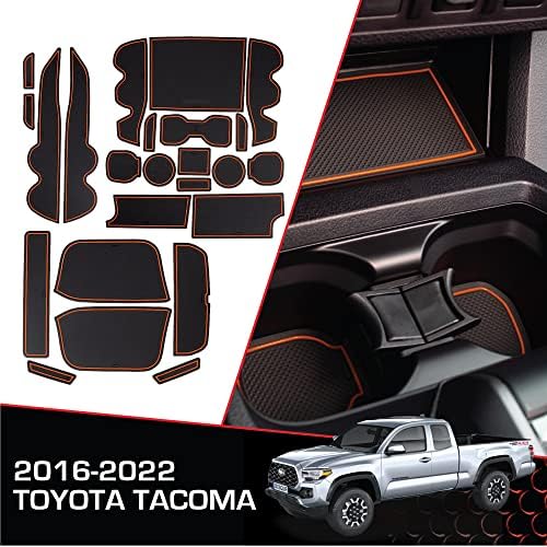 CupHolderHero for Toyota Tacoma Accessories 2016-2023 Premium Custom Interior Non-Slip Anti Dust Cup Holder Inserts, Center Console Liner Mats, Door Pocket Liners 19-pc Set (Double Cab) (Orange Trim)