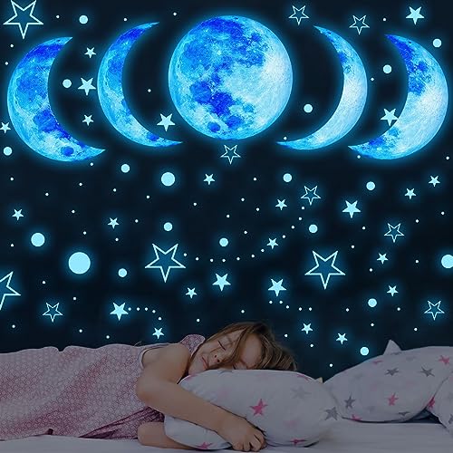 Image of Glow in The Dark Starry Sky Moon and Stars Wall Decals,Glowing Galaxy Stars Space Planet Ceiling Wall Stickers for Boys Girls Bedroom Kids Baby Nursery Living Room Decoration