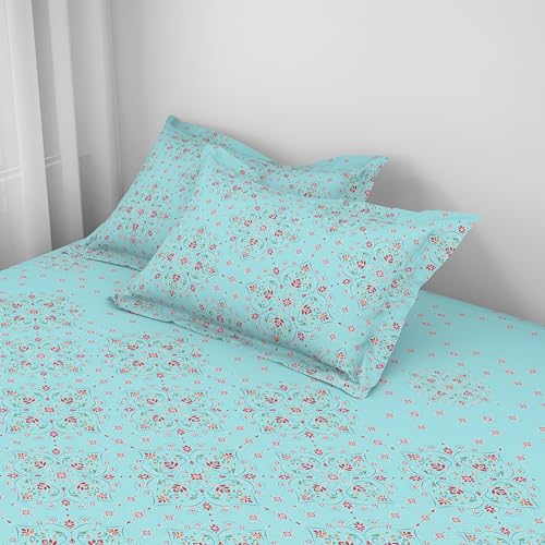 Image of Welspun ENZO Queen Size Fitted Bedsheet with 2 Pillow Covers | 360 Elastic | 100% Pure Cotton | 60 x 78 Inches | Soft, Breathable, Lightweight & Easy Care | Light Blue