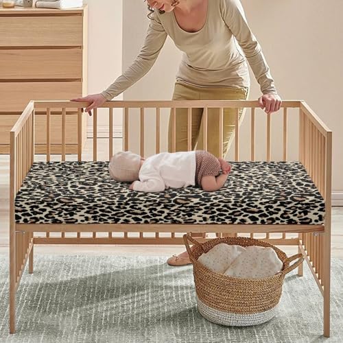 Image of Brown Leopard Baby Crib Sheets for Boys Girls Animal Print Fitted Crib Sheet for Standard Crib and Toddler Mattress Animal Skin Baby Mattress Sheets Toddler Bed Sheet 52x28x8 in