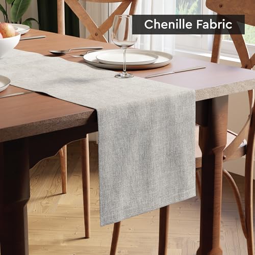 Image of Encasa XO Dining Table Runner for 4 to 6 Seater | 32x183 cm | Solid Light Grey | Chenille Fabric | Machine Washable