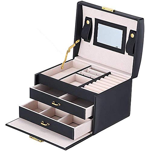 Femme Boîte à Bijoux en Cuir PU Coffret à Bijoux avec Tiroirs Mallette à Maquillage Comestique Beauty Case Elégant Voyage Rangement de Stockage avec Miroir (Noir) Cover