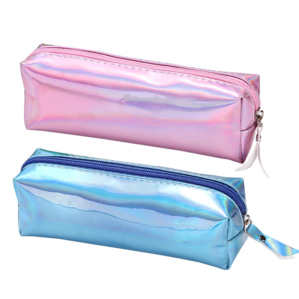 HugeDE 2 Pcs Holographic Pu Leather Pencil Case Pen Pouch Bag Stationery Organizer Makeup Bag for Teens Girls Boys Pink Blue