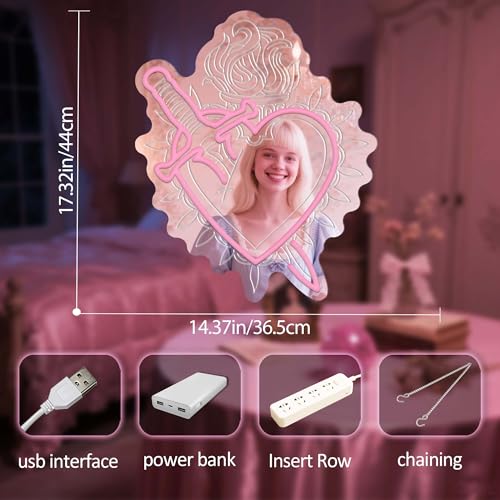 Image of Heart Shaped Mirror Neon Sign, LED Vanity Wall Light for Makeup Table, Bedroom or Dressing Area, Romantic Wall Decoration with Adjustable Brightness, 17.3 inch x 14.7 inch