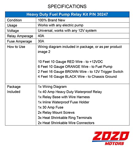 Zozomotors Electric Fuel Pump Relay Kit Fuel Pump Wiring Harness Kit Relay Bypass 40 Amp Waterproof Relay Switch Kit Heavy Duty Long Wires Universal Fit 12V System P/N 30247 #TOP2
