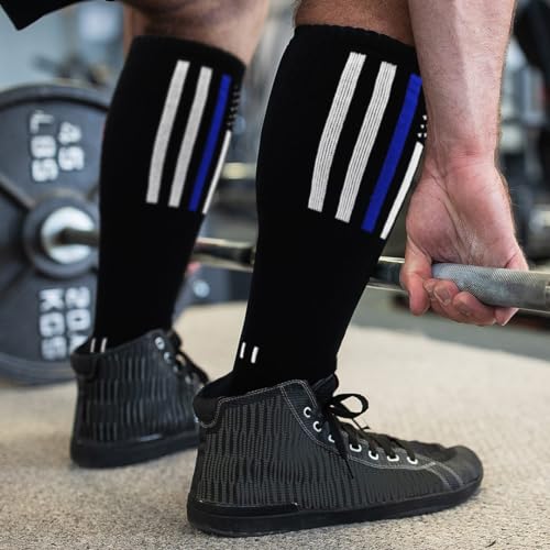 Thin Blue Line Deadlift Sock – Knee-High Shin Cushion for Men – Compression Fit Calf Sleeves for Lifting, CrossFit & Law Enforcement – Made in USA2