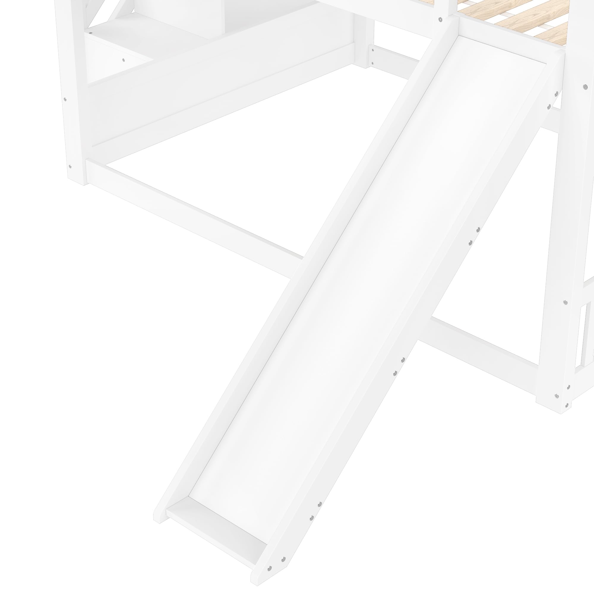 Azkoeesy Letto a Castello con Scivolo e Scaletta 140x200 cm, Design a Forma di Casetta, con Mensole, Sponda e Doghe, Legno di Pino Bianco, Ideale per Bambini e Ragazzi