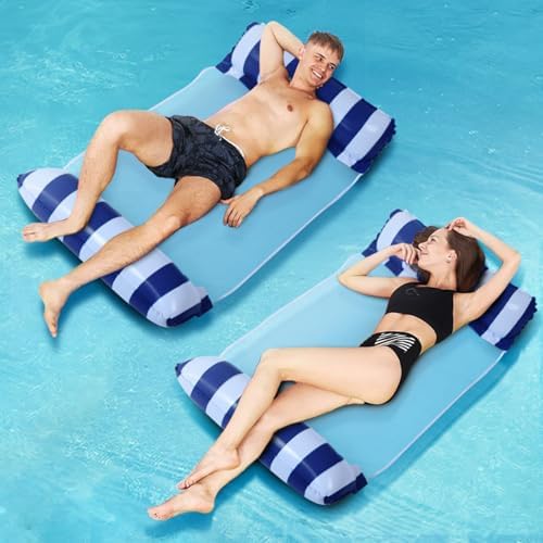 Meegoo Pool Floaties for Adults, 2 Pack Inflatable Water Hammock with Bottom Mesh, Fun Swimming Pool Float Chair, Beach Essentials for Vacation Travel, Heavy Duty Lake Inflatable Lounger Rest — view 6