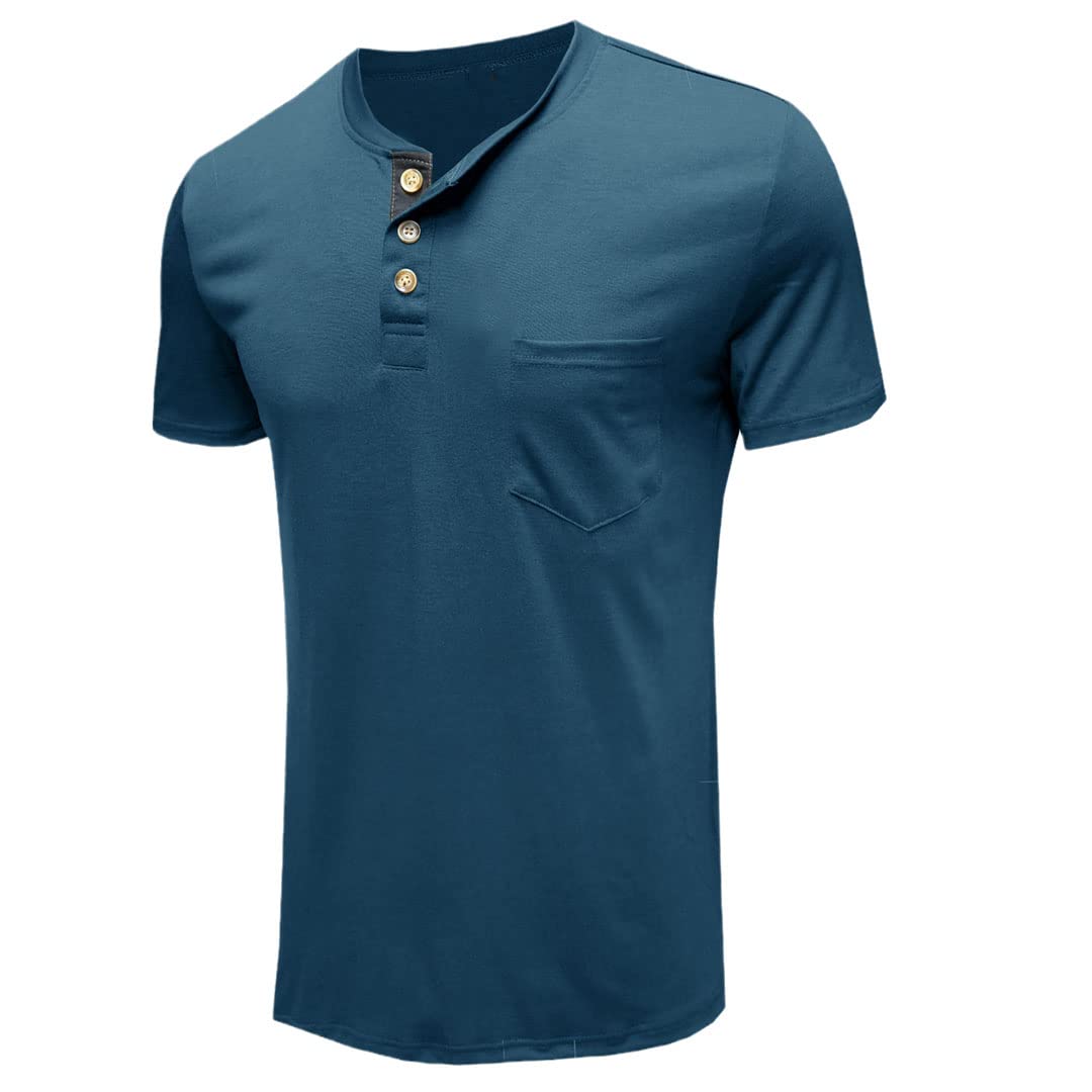 Camisetas de verano para hombre, manga corta, estilo Henley, casual, con un solo botonadura, bolsillo, azul vaquero, XL