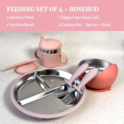 Image of Feeding Set of 4 for Kids | Suction Plate Bowl Spoon Fork Sippy Cup | Stainless Steel | Easy Grip | Self Feeding Set | Dishwasher Safe | 3 Colours (Rosebud)