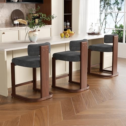 Image of Bar Stools Set of 3, Upholstered Counter Height Bar Stools, Mid Century Modern Counter Stools with Curved Backrest, Solid Wood Legs, 26 inch Bar Chairs for Kitchen Island Bar, Dark Grey