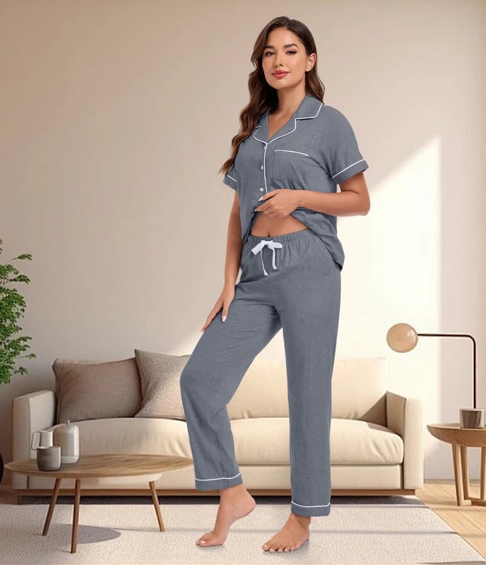 Image of CF 100% Cotton Pajamas for Women Set 2 Piece Short Sleeve Tops and Long Pants Comfy Well-Fitted Loungewear Set Pj Sets