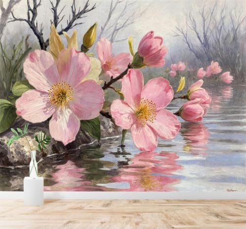 Papier Peint 3D Fleurs de Cerisier Rose Reflet Eau 150x105 - 2