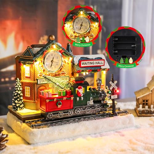 Vipush Christmas Village House Decorations Resin Railway Station Platform Home Decor Indoor Building Figurines Revolving Train with LED Light and 8 Christmas Music for Kids - Image 5