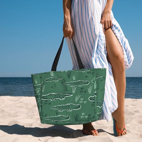 Cute Alligator Crocodile Large Beach Tote Bags for Womens Mens Sandproof Swim Pool Bag with Zipper for Travel Vacation4