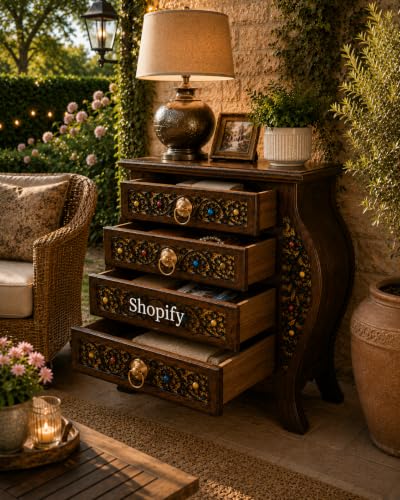 Image of Shopify Wooden Stool-Natural Wood Antique Look Side Table with 4 Drawer for Living Room