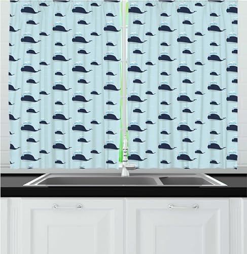 Ambesonne Nursery Kitchen Curtains, Nautical Fantasy Cartoon Character with Funny Unicorn Whale, Window Drapes 2 Panel Set for Kitchen Cafe Decor, 55