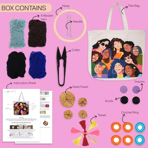 Image of picknMAKE Hand Embroidery Kit for Beginners, DIY Embroidery Tote Bag Kit for Women, College Girls & Office Use | Tote Bag Art & Craft Kit with All Materials | 16x16 Inch Zipped Canvas Bag