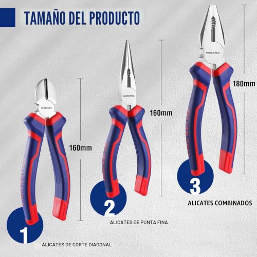 Juego de alicates de punta larga corte diagonal y alicate combinado WORKPRO 3