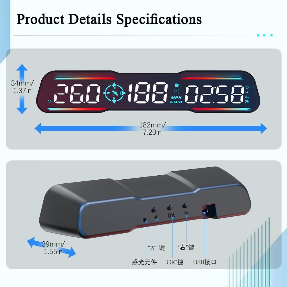 Auto Head Up Display HUD, tachimetro di nuova concezione, visualizzazione velocità, tempo, ecc. MPH e km/h, con allarme di velocità e fatica, adatto per tutti i modelli