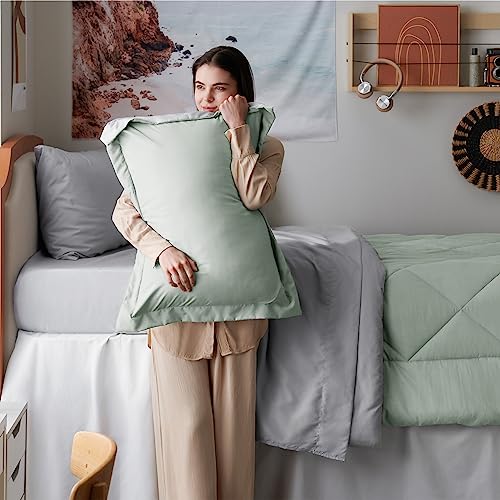 Image of Bedsure Twin XL Comforter - 5 Pieces Reversible Sage Green Bed in a Bag, Twin XL Bedding Comforter Set College Dorm Essentials with 1 Flat Sheet, 1 Fitted Sheet, 1 Pillowcase and 1 Pillow Sham
