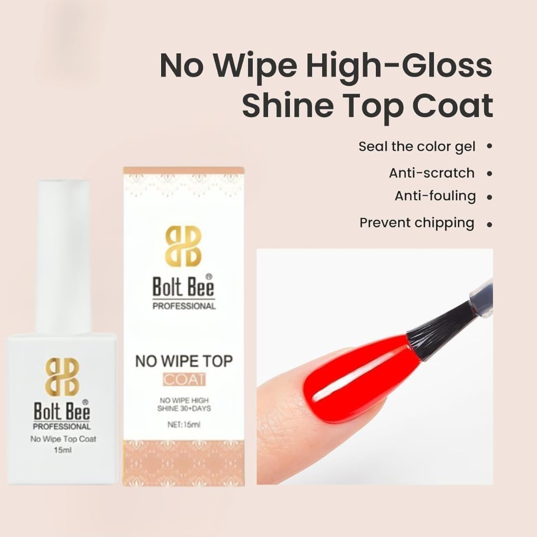 Bolt Bee No Wipe Top Coat for Acyralic and Gel Nail Polish, 15ml, Upgraded Formula, Long-Lasting, Soak Off, LED Nail Lamp Compatible, DIY Home and Salon Use (NO WIPE TOP COAT)