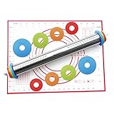 Stainless Steel Adjustable Rolling Pin Removable Rings [Free Silicone Baking Mat as Bonus] for Bakin