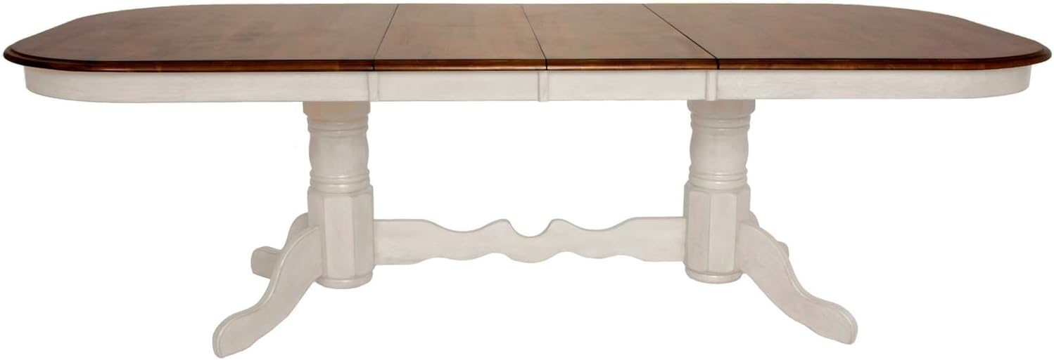 HomeStock Art Deco Dreams 7 Piece 96" Oval Double Pedestal Extendable Dining Set, Butterfly Leaf Table, Antique White and Chestnut Brown, Seats 10